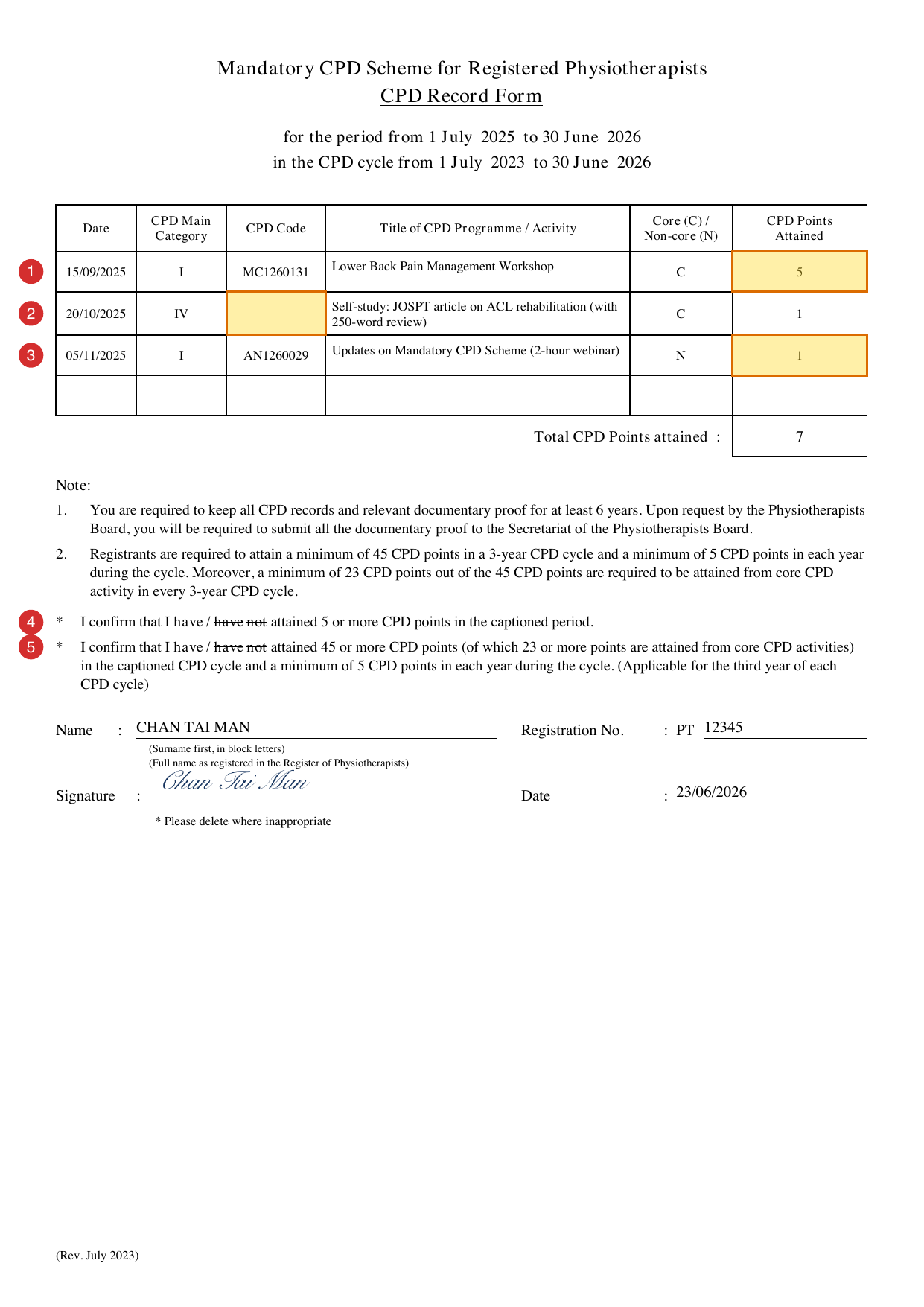 A completed sample of the Hong Kong CPD Record Form, with annotations